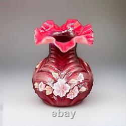 Vintage Fenton 1994 C9155 HQ Cranberry Opalescent Vase WithSticker Artist Signed