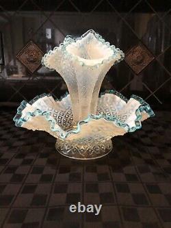 Vintage Fenton 3 Horn Epergne Diamond Lace Aqua Blue Crest French Opalescent