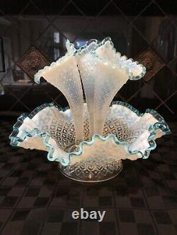 Vintage Fenton 3 Horn Epergne Diamond Lace Aqua Blue Crest French Opalescent