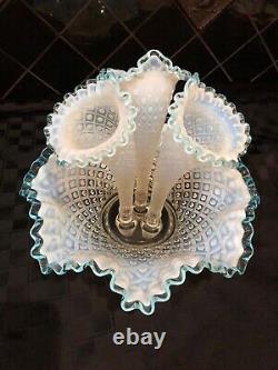 Vintage Fenton 3 Horn Epergne Diamond Lace Aqua Blue Crest French Opalescent