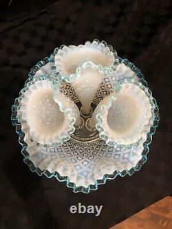 Vintage Fenton 3 Horn Epergne Diamond Lace Aqua Blue Crest French Opalescent