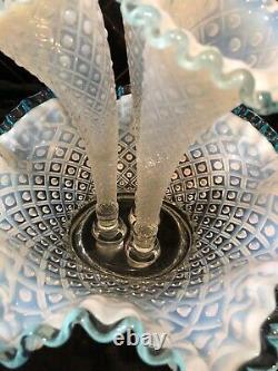 Vintage Fenton 3 Horn Epergne Diamond Lace Aqua Blue Crest French Opalescent