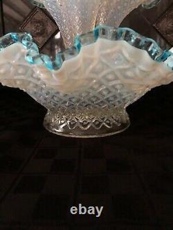 Vintage Fenton 3 Horn Epergne Diamond Lace Aqua Blue Crest French Opalescent