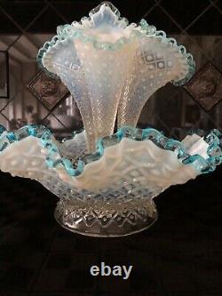 Vintage Fenton 3 Horn Epergne Diamond Lace Aqua Blue Crest French Opalescent