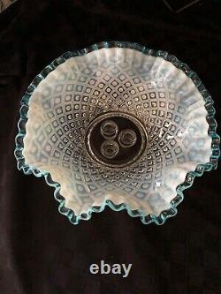 Vintage Fenton 3 Horn Epergne Diamond Lace Aqua Blue Crest French Opalescent