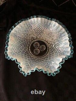 Vintage Fenton 3 Horn Epergne Diamond Lace Aqua Blue Crest French Opalescent