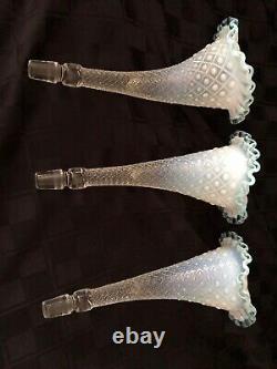 Vintage Fenton 3 Horn Epergne Diamond Lace Aqua Blue Crest French Opalescent