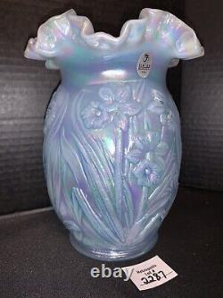 Vintage Fenton 8 Blue Opalescent Iridescent Daffodil Vase with Sticker