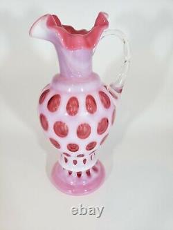 Vintage Fenton 9 Cranberry Coin Dot Opalescent Vase with Clear Handle