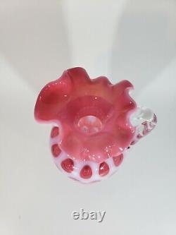 Vintage Fenton 9 Cranberry Coin Dot Opalescent Vase with Clear Handle