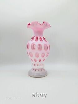 Vintage Fenton 9 Cranberry Pink Opalescent Ruffled Edge Coin Dot Glass Vase