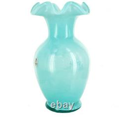Vintage Fenton Art Glass 1985 Hand Ptd Winter Cardinal Bird Blue Opalescent Vase