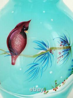 Vintage Fenton Art Glass 1985 Hand Ptd Winter Cardinal Bird Blue Opalescent Vase