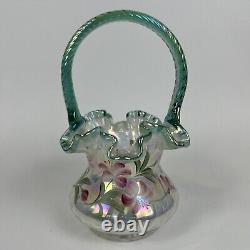 Vintage Fenton Art Glass Basket Hand Painted Signed Green Opalescent Handle