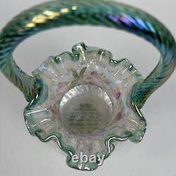 Vintage Fenton Art Glass Basket Hand Painted Signed Green Opalescent Handle