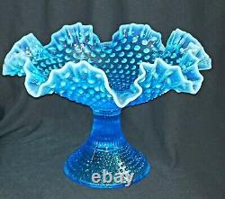 Vintage Fenton Art Glass Blue Opalescent Hobnail Large Compote