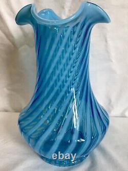Vintage Fenton Art Glass Blue Opalescent Swirl Optic Vase