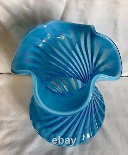Vintage Fenton Art Glass Blue Opalescent Swirl Optic Vase