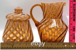 Vintage Fenton Art Glass Cameo Amber Opalescent Swirl Pitcher & Covered Jar