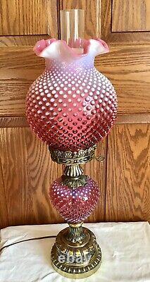 Vintage Fenton Art Glass Cranberry Opalescent Hobnail Lamp