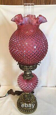 Vintage Fenton Art Glass Cranberry Opalescent Hobnail Lamp 2