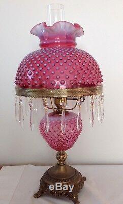 Vintage Fenton Art Glass Cranberry Opalescent Hobnail Lamp With Prisms