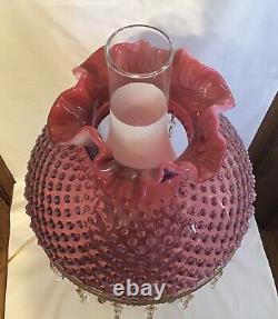 Vintage Fenton Art Glass Cranberry Opalescent Hobnail Lamp With Prisms H3