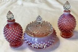 Vintage Fenton Art Glass Cranberry Opalescent Hobnail Powder Vanity Perfume Set