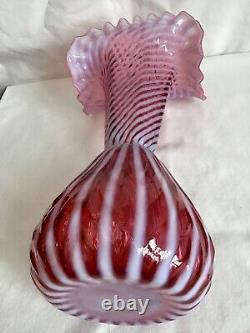 Vintage Fenton Art Glass Cranberry Opalescent Spiral Optic Tall Ivy Vase