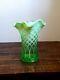 Vintage Fenton Art Glass Diamond Optic Thread Lime Green Opalescent Ruffled Vase