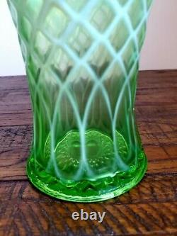 Vintage Fenton Art Glass Diamond Optic Thread Lime Green Opalescent Ruffled Vase
