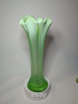 Vintage Fenton Art Glass Green Opalescent 4 Rib & Panel Stretch Swung Vase