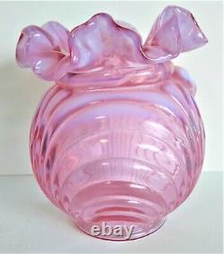 Vintage Fenton Art Glass Pink Opaline Vase Ruffle Bow 6.5