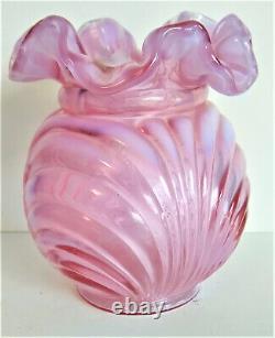 Vintage Fenton Art Glass Pink Opaline Vase Ruffle Bow 6.5