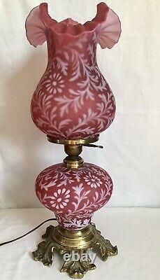 Vintage Fenton Art Glass Satin Cranberry Opalescent Fern Daisy Lamp