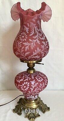 Vintage Fenton Art Glass Satin Cranberry Opalescent Fern Daisy Lamp