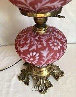 Vintage Fenton Art Glass Satin Cranberry Opalescent Fern Daisy Lamp