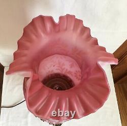 Vintage Fenton Art Glass Satin Cranberry Opalescent Fern Daisy Lamp