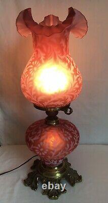 Vintage Fenton Art Glass Satin Cranberry Opalescent Fern Daisy Lamp