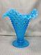 Vintage Fenton Art, Hobnail Double Crimped Glass Vase (8tall) Blue Opalescent