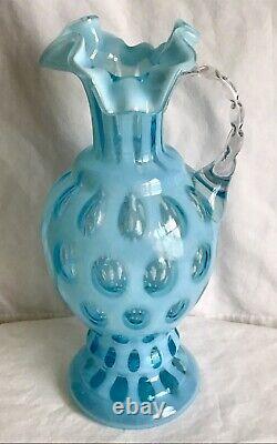 Vintage Fenton Blue Opalescent Coin Dot Handled Pitcher Vase M9