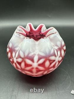 Vintage Fenton Country Cranberry Rose Bowl Vase Opalescent Ruffled Snowflake