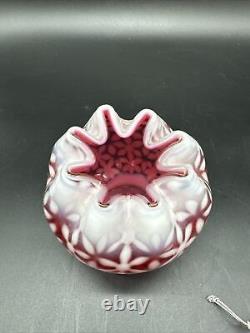 Vintage Fenton Country Cranberry Rose Bowl Vase Opalescent Ruffled Snowflake