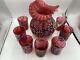 Vintage Fenton Cranberry Opalescent Daisy & Fern Pitcher With 7 Glasses Nice Set