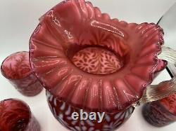Vintage Fenton Cranberry Opalescent Daisy & Fern Pitcher with 7 glasses Nice Set