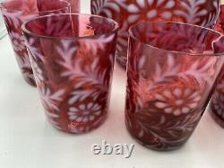 Vintage Fenton Cranberry Opalescent Daisy & Fern Pitcher with 7 glasses Nice Set