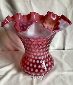 Vintage Fenton Cranberry Opalescent Polka Dot Vase H8