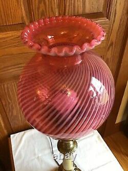 Vintage Fenton Cranberry Opalescent Spiral Optic Pillar Lamp