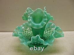 Vintage Fenton Emerald Green Opalescent 3 Horn Hobnail Epergne Vase