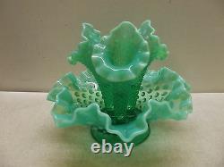 Vintage Fenton Emerald Green Opalescent 3 Horn Hobnail Epergne Vase